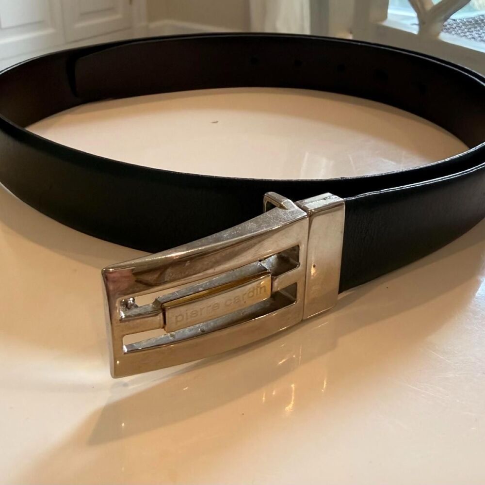 Vintage Pierre Cardin Black Leather Belt 36/90 Made in Italy Silver Buckle